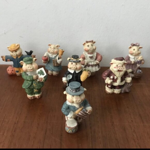 Vintage 1992 Russ Berrie Tender Heart Treasures Holiday Pig Figurines Lot of 8 - Picture 1 of 7